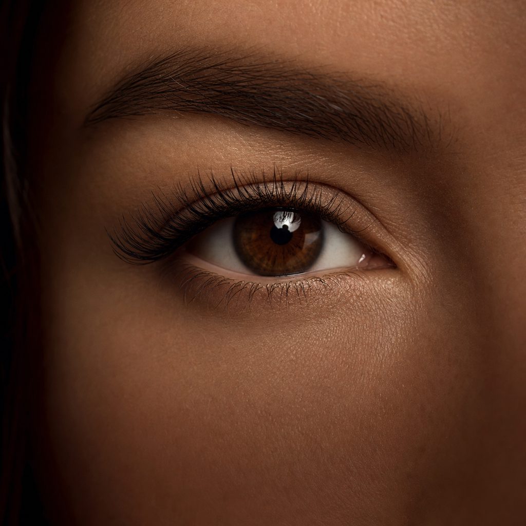 Close-up of a brown eye with long lashes and smooth skin around it in a macro shot.