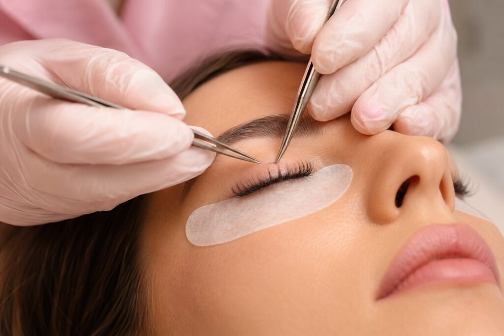 Licensed lash artist applying eyelash extensions with tweezers at Fairylady Eyelash