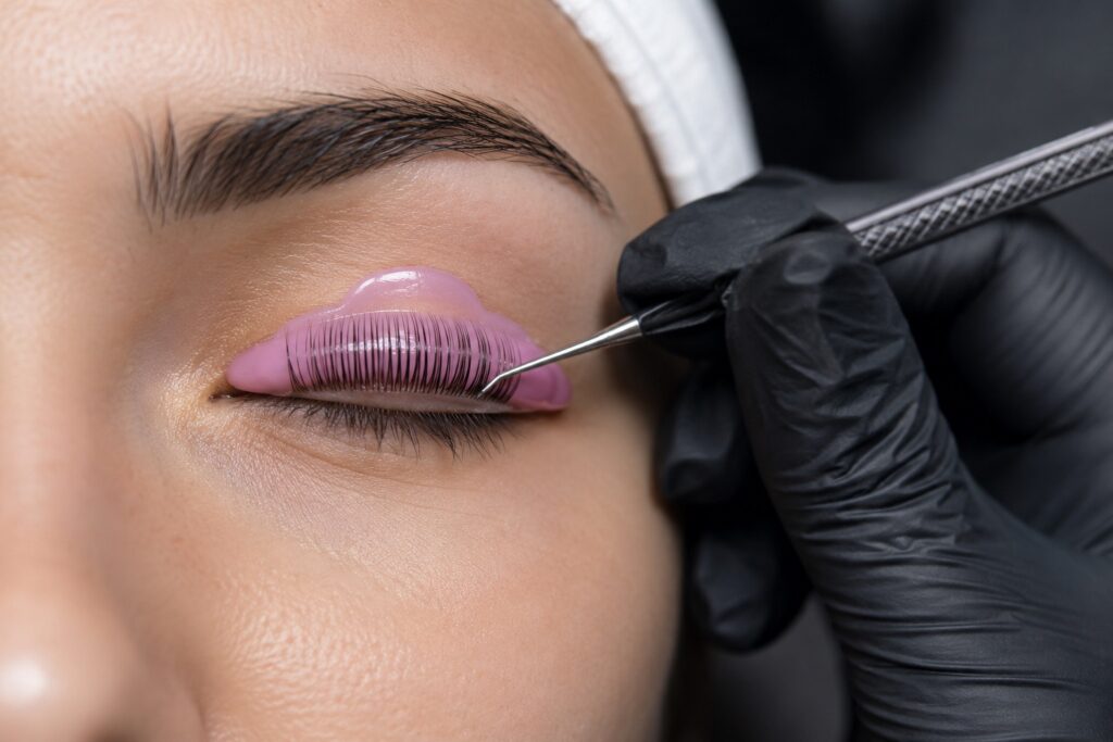 Lash lift in progress with a pink silicone shield at Fairylady Eyelash in Diamond Bar, CA
